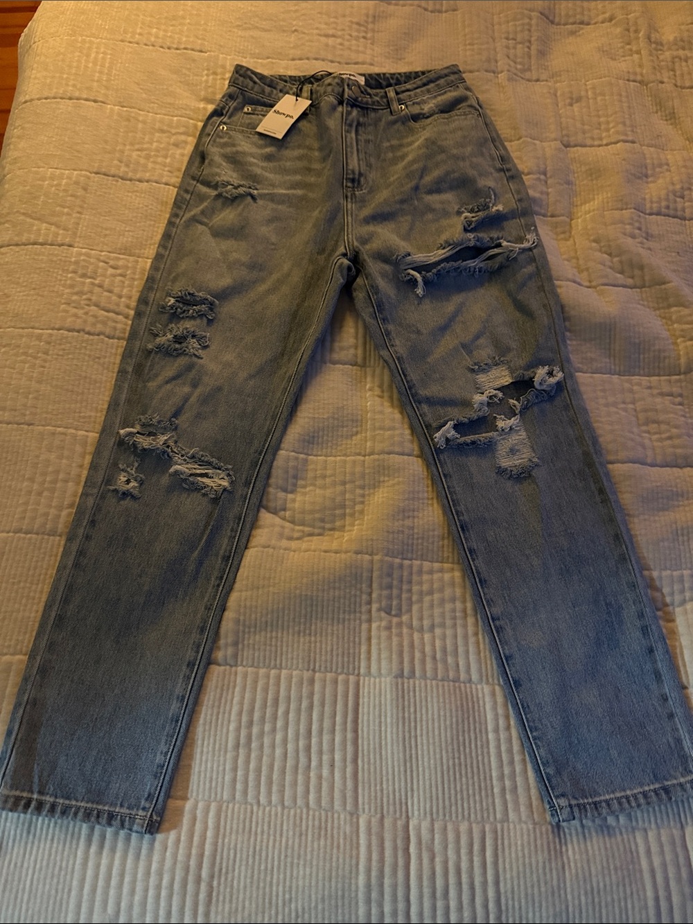 Showpo Ripped Light Blue Slim Straight Mom Jeans